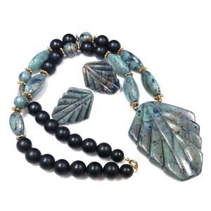 Vintage Green Black Lucite Pendant Necklace and Post Earrings Jewelry Set 70s